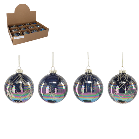 SKLENĚNÁ BAUBLE - ČERNÝ LESK MIX VZORŮ 8 CM disp=12ks *1907