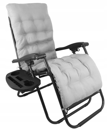 FOLDING GARDEN LOUNGER WITH STAND, POCKET, BLACK WITH GRAY CUSHION