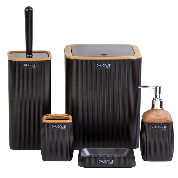 5-PIECE BATHROOM SET SQUARE BLACK / WOOD