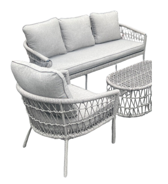 ZESTAW MEBLI OGRODOWYCH (2 SOFY + 2 FOTELE + STOLIK) SZARY + SZARE PODUSZKI