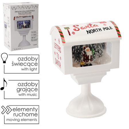 ŚWIĄTECZNA SKRZYNKA POCZTOWA 27 x 20 x 41 CM Z POZYTYWKĄ LED - BIAŁA - Z MIKOŁAJEM *3542