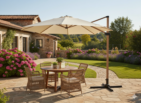 PARASOL OGRODOWY 3 x 3 M BEŻOWY "ROMA" Z POKROWCEM - WOOD EFFECT