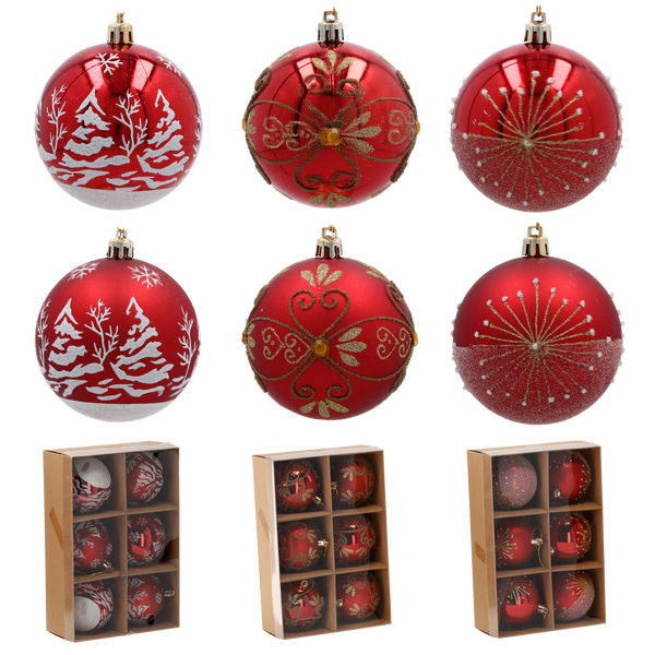 SET OF 6 CHRISTMAS BAUBLES RED 8 CM