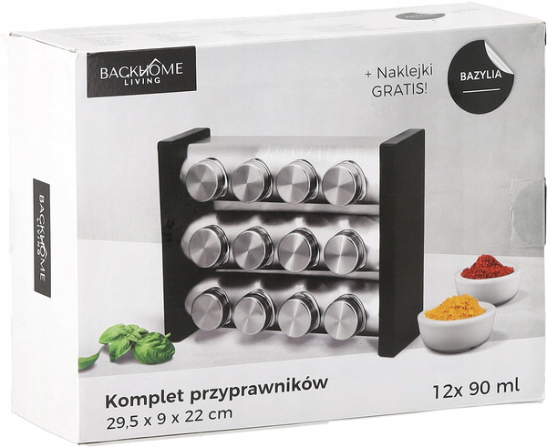 PRZYPRAWNIK TRZYPOZIOMOWY 29,5 x 9 x 22 CM 12 SŁOICZKÓW SREBRNO-CZARNY *9226