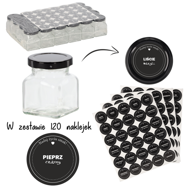 SQUARE JAR 120 ML FI 53 + SET OF 120 SPICE LABELS PKG=24 PCS