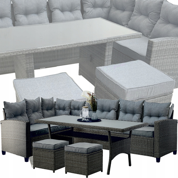 GARDEN FURNITURE SET (CORNER SOFA, 2 POUFFES, TABLE) - grey, cushions - grey *3453