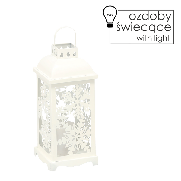 Vianočný lampión 12,5 x 12,5 x 34 CM LED kovový biely - snehové vločky *0894