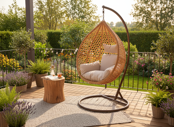 FOTEL WISZĄCY NATURALNY, PODUSZKA - BEŻOWA, RAMA - BRĄZOWA 107 x 68 x 120 CM