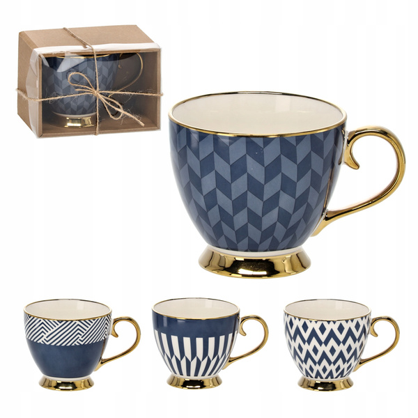 PORCELAIN MUG 445 ML ON A FOOT NAVY BLUE / GOLD MIX OF PATTERNS OPAK=1PCS