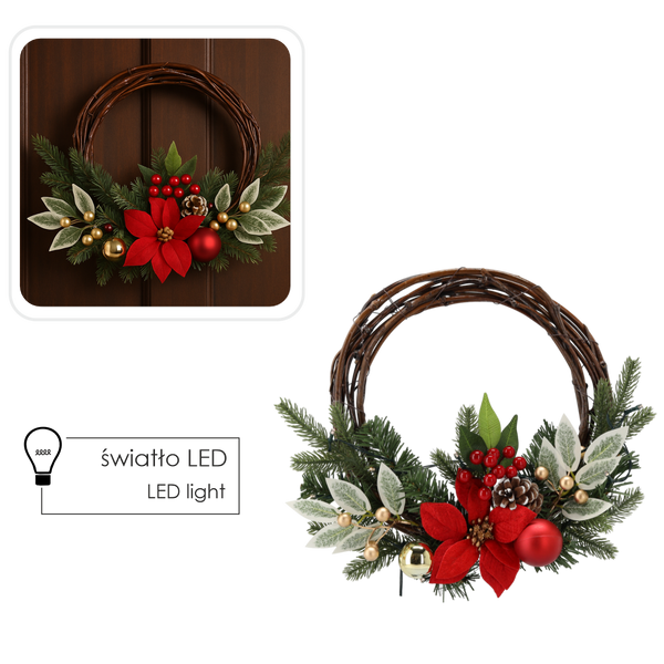 WIENIEC ŚWIĄTECZNY WISZĄCY WIKLINA 10 LED 30 CM CZERWONO-ZŁOTY *0769