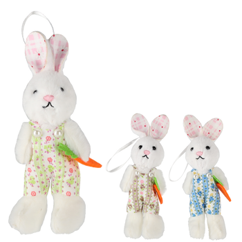 EASTER DECORATION - HANGING 6 x 11 CM BUNNY WITH CARROT MIX 3 COLORS pack=12pcs
