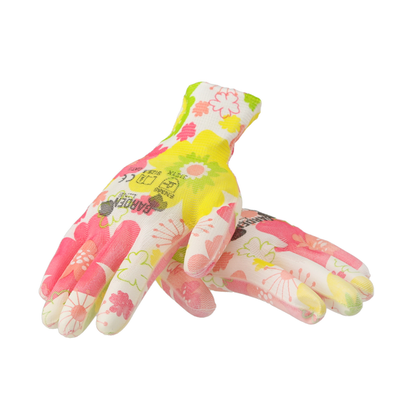 Mănuși de protecție "7" tricotate cu model floral din poliester acoperite cu poliuretan ambalaj=12 buc *6935
