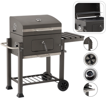 GRILL OGRODOWY WĘGLOWY DUŻY Z POKRYWĄ, ŻELIWNYM RUSZTEM I KÓŁKAMI 114,5 x 60 x 108 CM