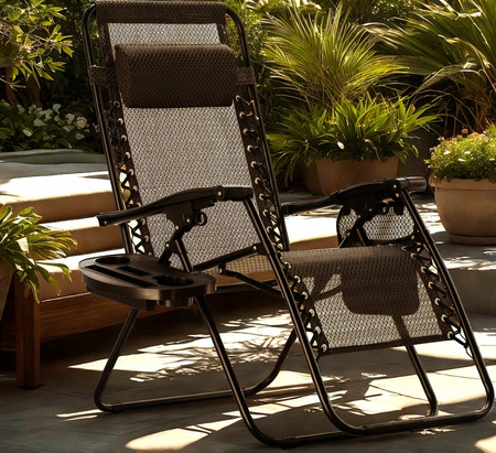 FOLDING GARDEN LOUNGER WITH STAND, POCKET, AND HEADREST