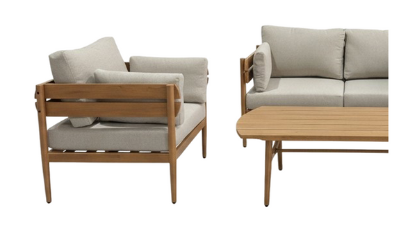 ZESTAW MEBLI ALUMINIOWYCH "PODGORICA" (SOFA + 2 FOTELE + STOLIK) BRĄZOWY + BEŻOWE PODUSZKI