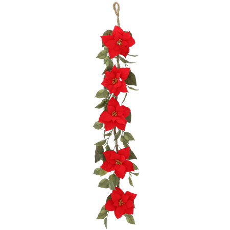 CHRISTMAS DECORATION - ARTIFICIAL GARLAND 148 CM WITH 5 FLOWERS RED