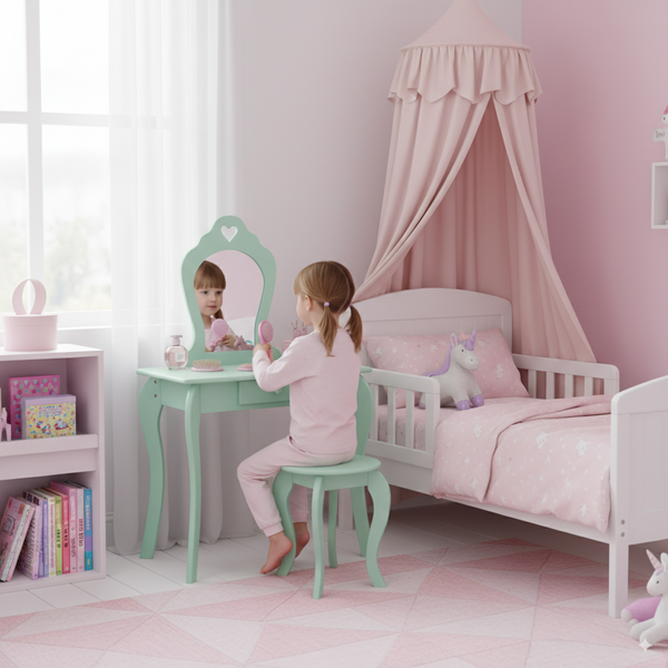 MAŁA TOALETKA KOSMETYCZNA MIĘTOWA Z LUSTREM + TABORET *3549