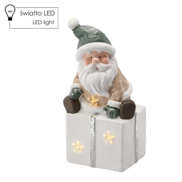 FIGURKA BOŻONAR. - MIKOŁAJ SIEDZĄCY NA PREZENCIE 22,5 X 18 X 43,5 CM LED *1179
