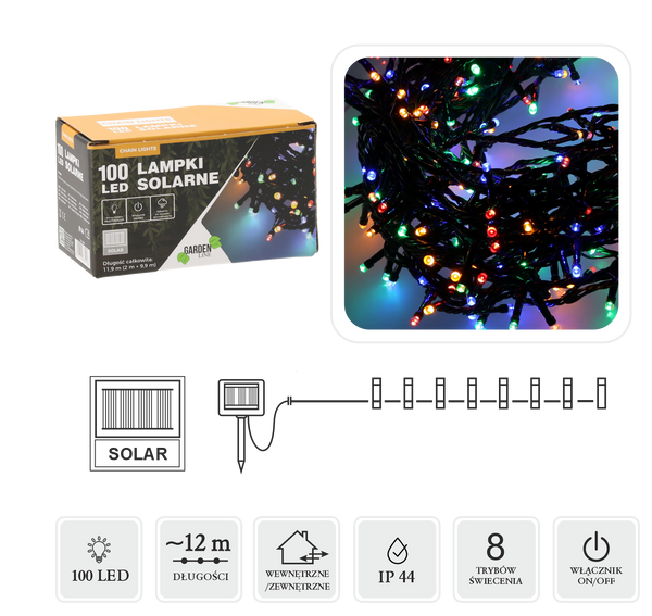SOLÁRNÍ LED SVÍTELLA 100L MULTIKOLOR, DÉLKA 2 + 10 M *9928