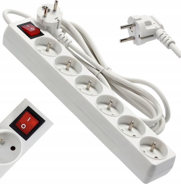 EXTENSION CORD POWER STRIP WITH SWITCH 6 SOCKETS 3 M WHITE
