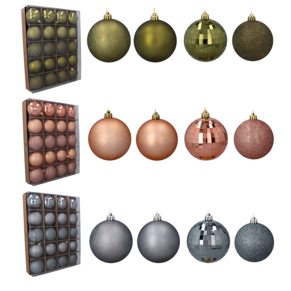 SET OF 20 BAUBLES 8 CM OLIVE/COPPER/GRAPHITE MIX DESIGNS