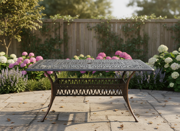 STÓŁ ALUMINIOWY "HASTINGS" ANTYCZNY BRĄZ 150 x 90 x 73 CM