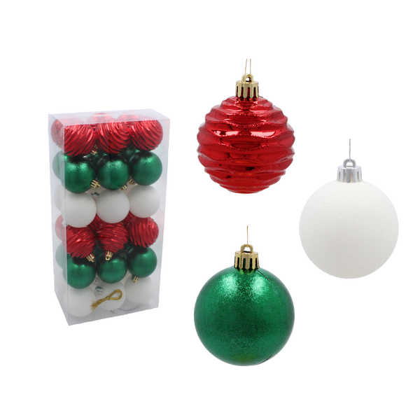 SET OF 36 BAUBLES 6 CM RED/GREEN/WHITE