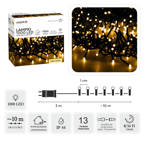 LED CLUSTER SVETLÁ 1000L TEPLÁ BIELA, DĹ. 3 + 10 M VNÚTRA/EXTERIÉR *8202