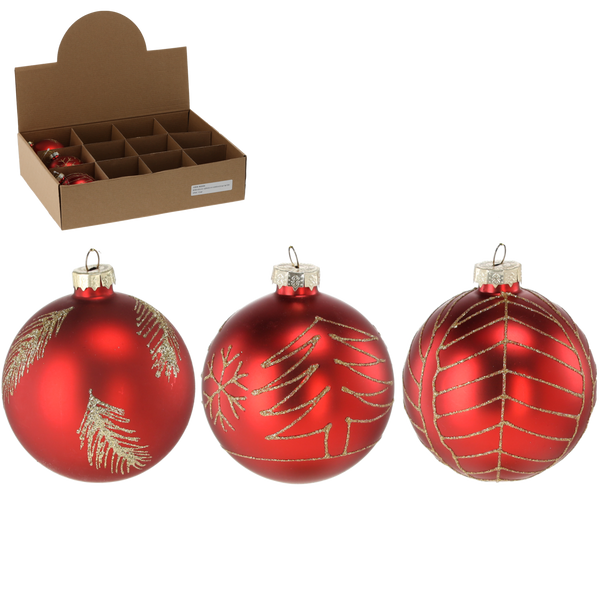 BOMBKA SZKLANA - CZERWONA MATOWA 8 CM MIX WZORÓW disp=12szt *4815