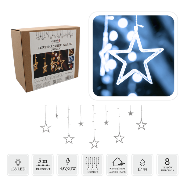 LED ZÁCLONA HVIEZDIČKY 138L DĹŽKA 3 + 2 M STUDENÁ BIELA VNÚTORNÁ/EXTERNÁ *0238