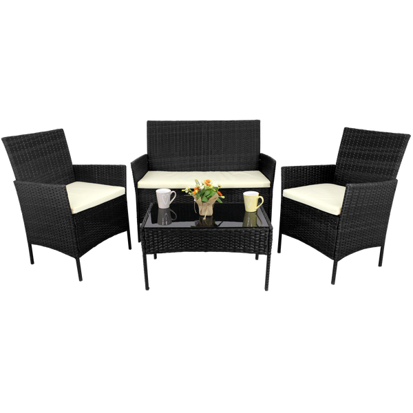 SET DE MOBILĂ DIN RATTAN (CANAPEA, 2 FOTOLII, MASĂ) NEGRU + CREM. POD. *0849