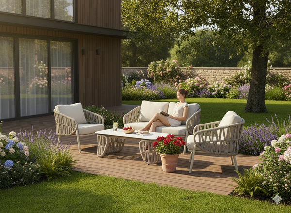 ZESTAW MEBLI ALUMINIOWYCH ( SOFA + 2 FOTELE + STOLIK ) BEŻOWE + BEŻOWE PODUSZKI