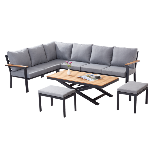 ALUMINIOVÝ TEAKOVÝ ZÁHRADNÝ NÁBYTOK (ROHOVÁ SOFA + STOL + 2 TABURETY) ANTRACITOVÁ + ŠEDÉ VANKÚŠE *0411