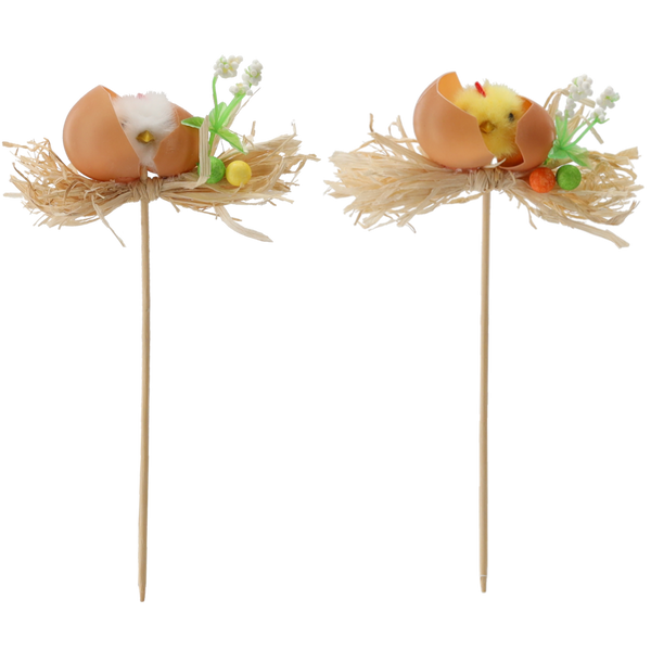 VELIKONOČNÍ DEKORACE NA ŠPÍZ - KUŘE V VEJCÍ NA SLÁMĚ 5 x 23 CM MIX 2 BARVY balení=12ks *9137