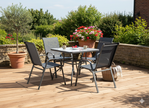 ZESTAW MEBLI OGRODOWYCH - 4 KRZESŁA + KWADRATOWY STOLIK - SZARY