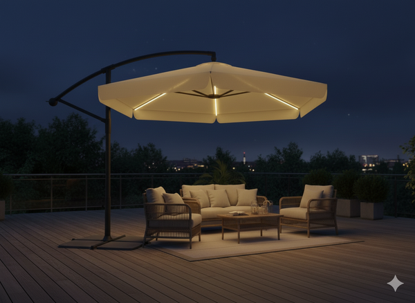 PARASOL OGRODOWY 3 M BEŻOWY "BANANA" Z POKROWCEM Z LED 