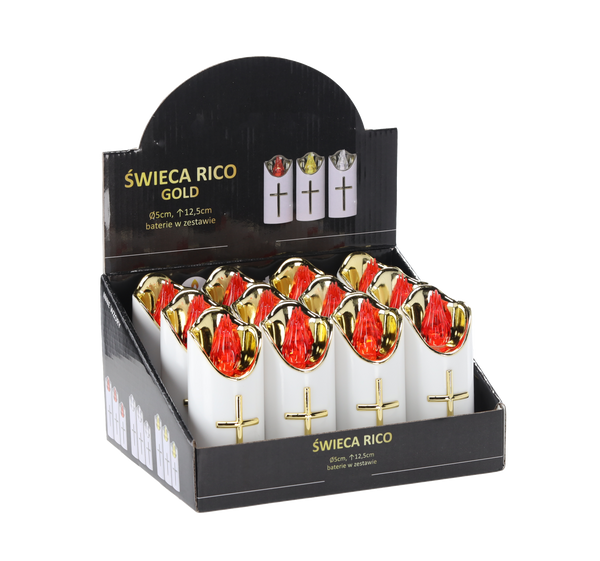 LED SVÍČKA RICO 12,5CM S BATERIEMI BÍLÁ+ZLATÁ ČERVENÝ PLAMEN*7866