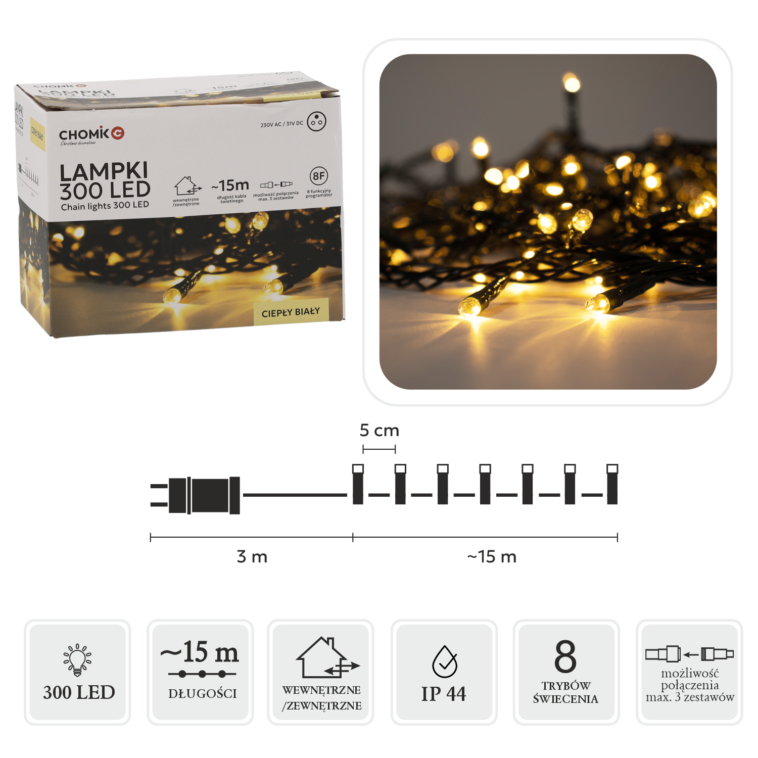 LAMPKI LED 300L CIEPŁY BIAŁY DŁ. 3 + 15 M WEWN/ZEWN *9508