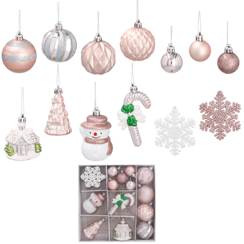 20PK IN PAPER BOX WITH PVC COVER, INCLUDING 7CM SNOWFLAKES 7PCS, 6CM SNATA CLAUS 1PC, 6CM PINE TREE 1PC, 3.5CM BALL 5PCS, 9CM CANDY CANE 1PC, 7CM HOUSE 1PC, 6CM BALL 4PCS