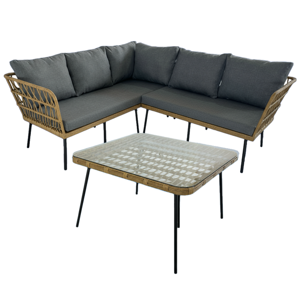 ZESTAW MEBLI OGRODOWYCH (SOFA NAROŻNA, STOLIK) - BRĄZOWY, PODUSZKI - SZARY