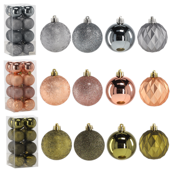 SET OF 16 BAUBLES 6 CM OLIVE/COPPER/GRAPHITE MIX DESIGNS