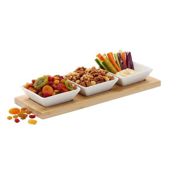 SÚPRAVA NA SERVÍROVANIE HODNOTENÍ - 3 ŠTVORCOVÉ PORCELÁNOVÉ MISY S BAMBUSOVOU DOSKOU 28x10x3CM *7231