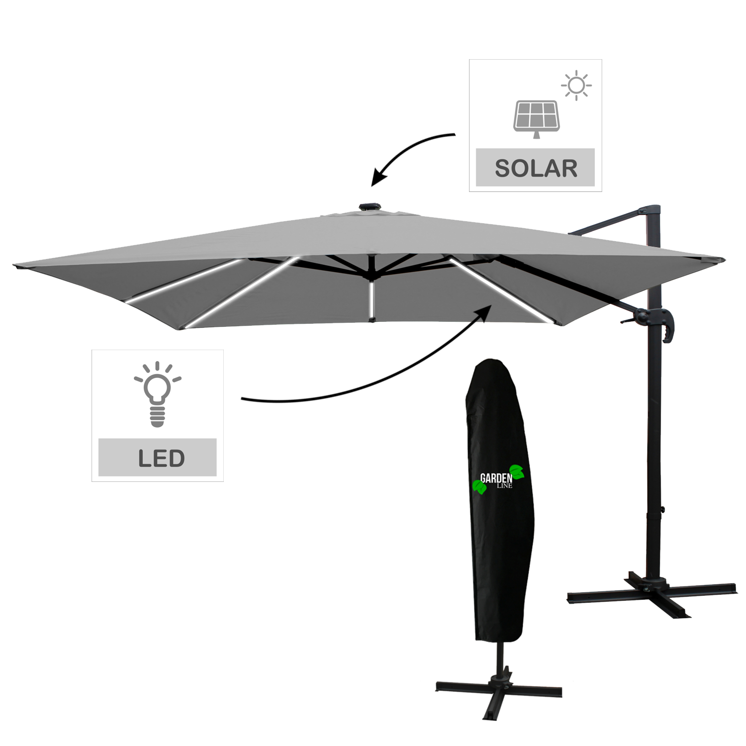 Садовий Парасол 3 x 3 М Сірий «Roma» З Чохлом З Led