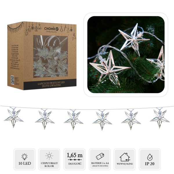 LED LIGHT CHAIN SILVER STARS 10 L WARM WHITE