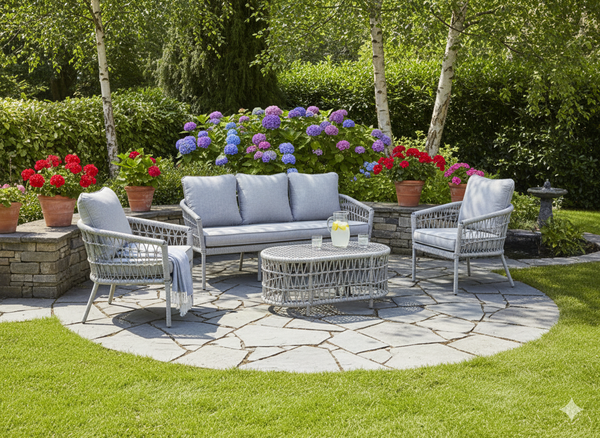 ZESTAW MEBLI OGRODOWYCH (2 SOFY + 2 FOTELE + STOLIK) SZARY + SZARE PODUSZKI