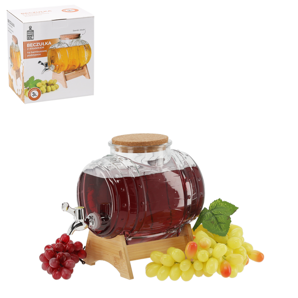 3L GLASS BARREL ON A WOODEN STAND