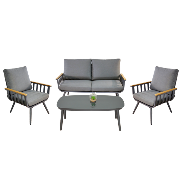 SADA HLINÍKOVÝCH NÁBYTKŮ ( SOFA + 2 KRESLA + STÔL ) ŠEDÁ + ŠEDÉ VANKÚŠE *8151