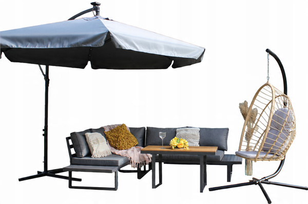 SADA HLINÍKOVÉHO NÁBYTKU "BOGOTA" (ROHOVÁ SOFA + STOLÍK) ŠEDÁ + ŠEDÉ VANKÚŠE *1142