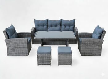 DUŻY ZESTAW MEBLI OGRODOWYCH (SOFA, 2 FOTELE, 2 PUFY, STOLIK) - SZARY, PODUSZKI - SZARY