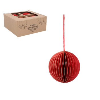 SET OF 4 CHRISTMAS TREE PAPER BAUBLES 8 CM RED